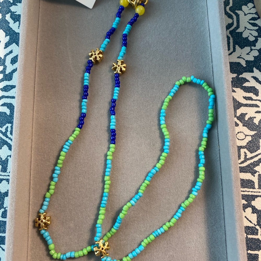 Tory Burch Blue and Green Beaded Necklace with Gold Accents